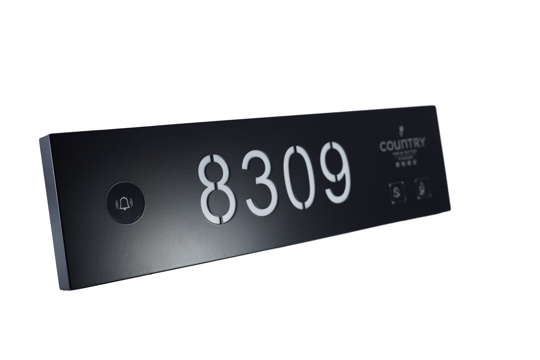 Angled black room signage display with doorbell and service icons