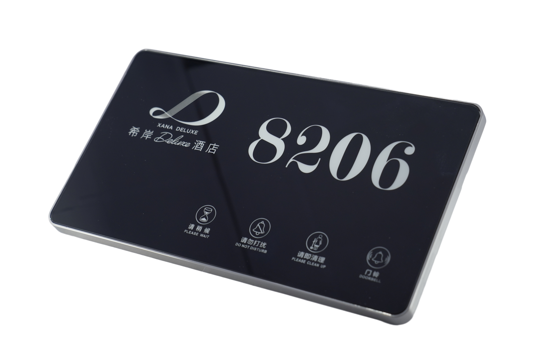 Angled hotel room display reference with status icon layout
