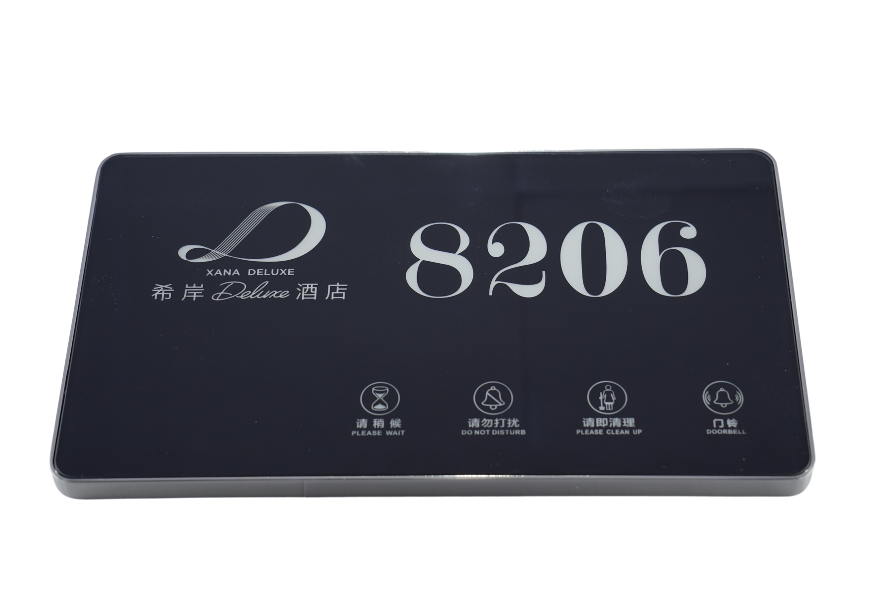 Dark glass hotel room status display with service and doorbell icons