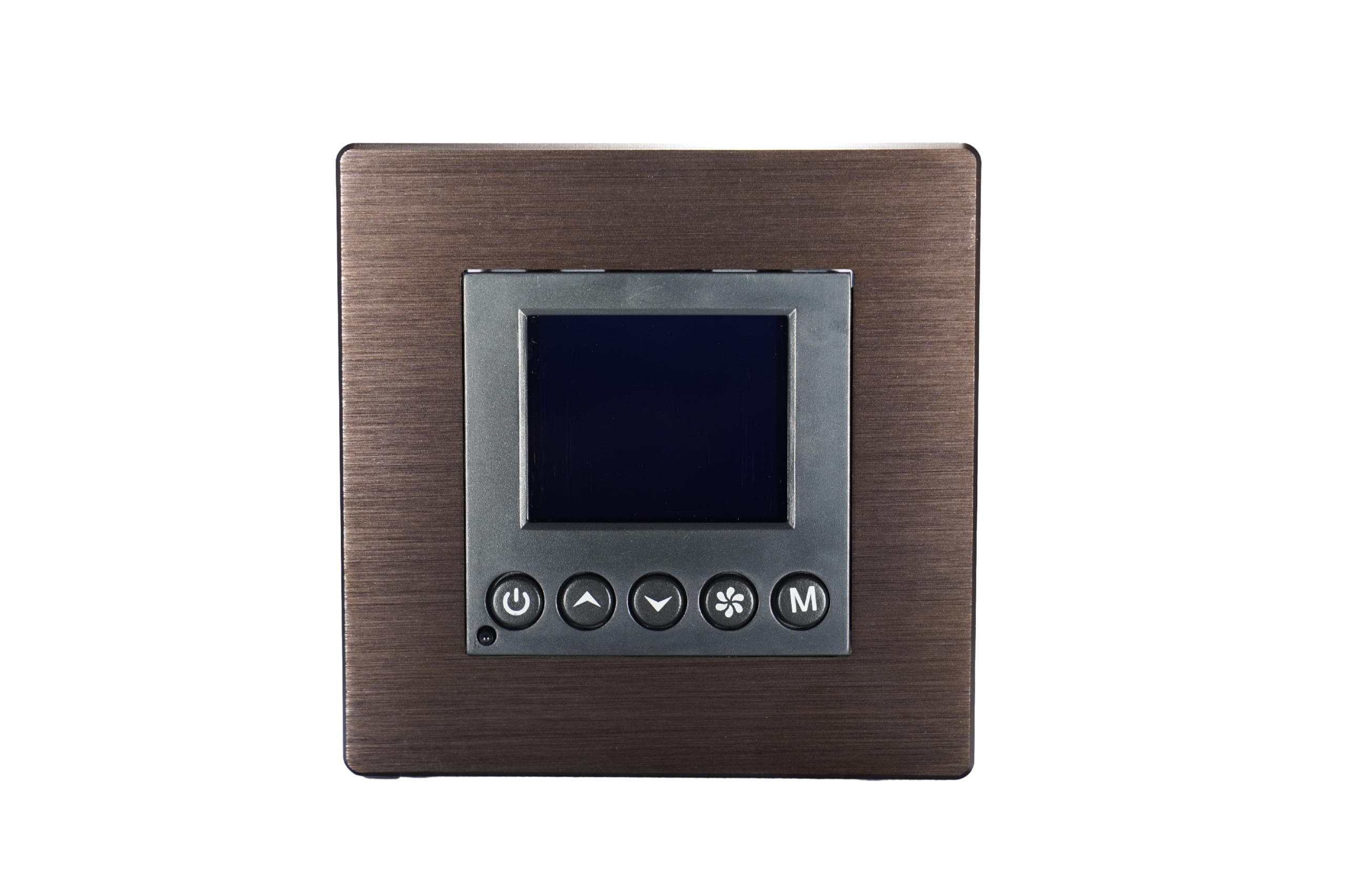 Brushed aluminum thermostat control panel front view